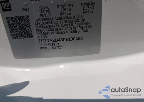 2023 Chevrolet Corvette Stingray Rwd 1Lt из США, поврежденный, VIN 1G1YA2D48P5100488